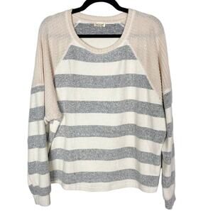 Hem & Thread Medium M Cream Gray Wide Striped Waffle Knit Pullover Sweater Crew